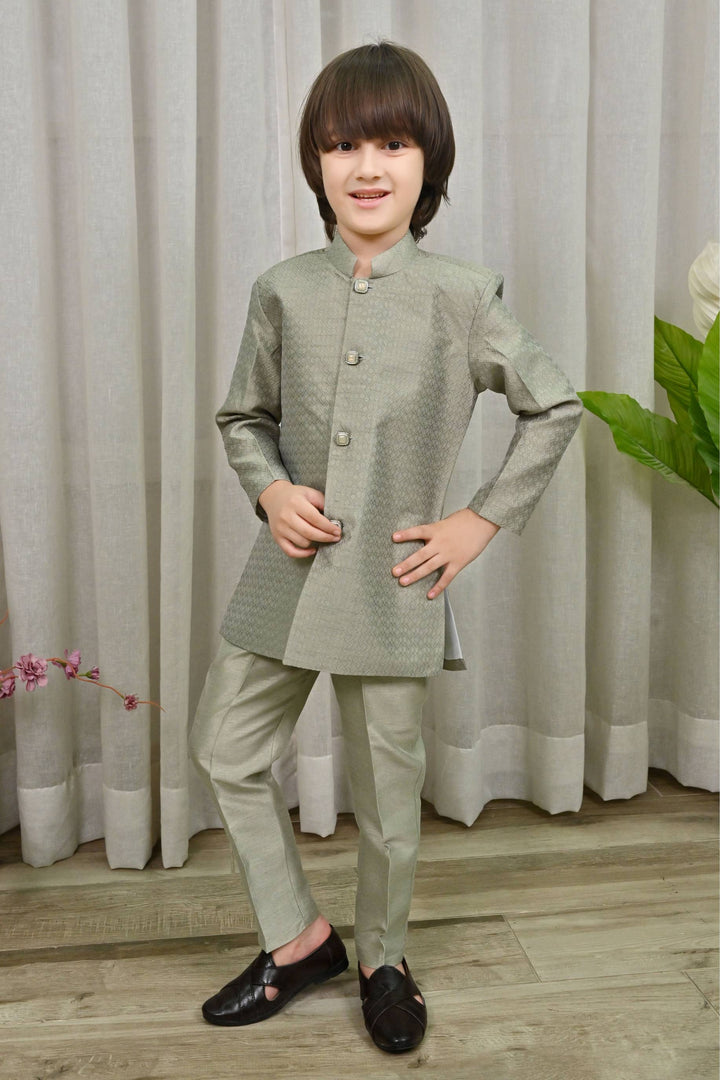 Ahhaaaa Ethnic Zari Work Indo-Western Printed Kurta, Waistcoat and Pajama 3-Piece Set for Boys