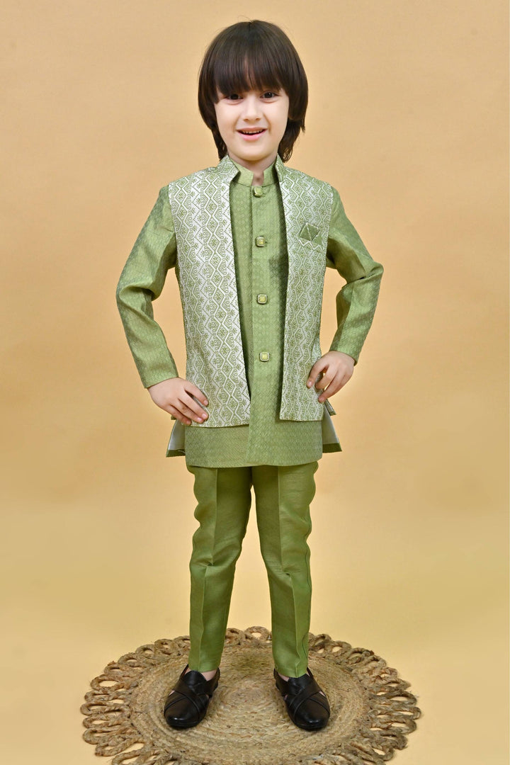 Ahhaaaa Ethnic Zari Work Indo-Western Printed Kurta, Waistcoat and Pajama 3-Piece Set for Boys Green Kids