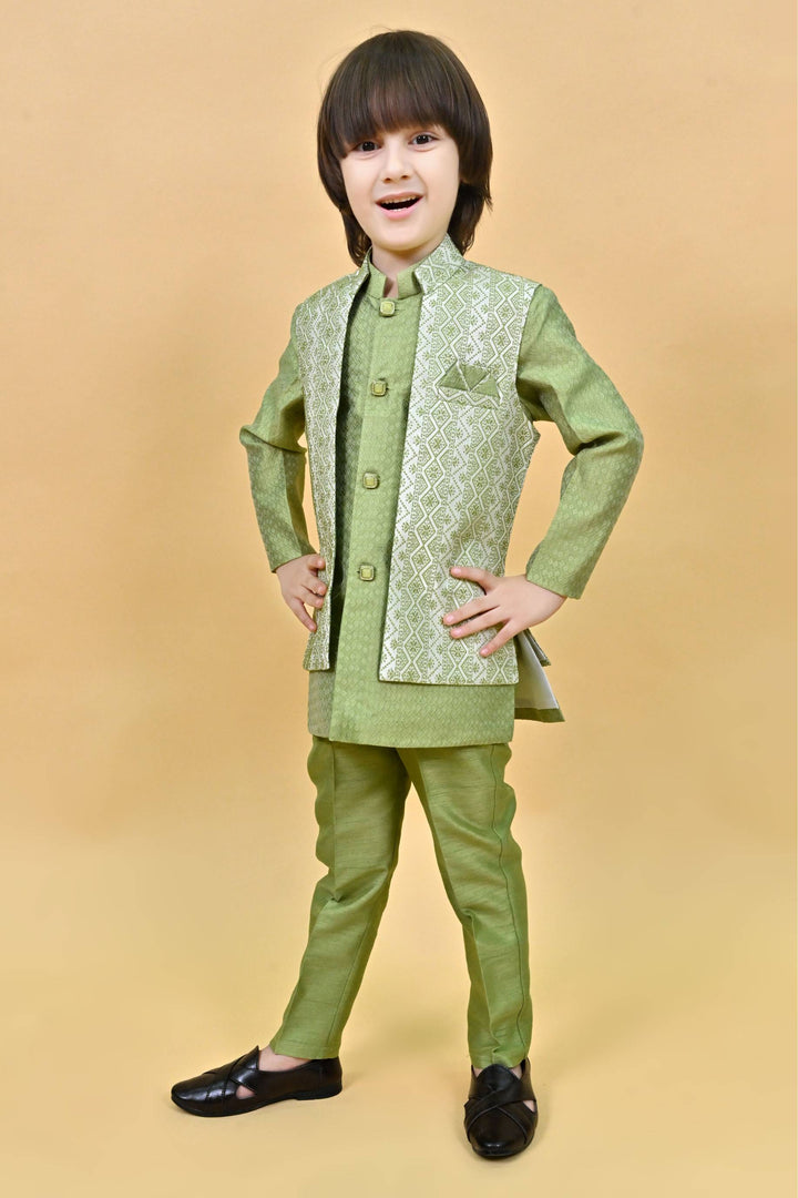 Ahhaaaa Ethnic Zari Work Indo-Western Printed Kurta, Waistcoat and Pajama 3-Piece Set for Boys