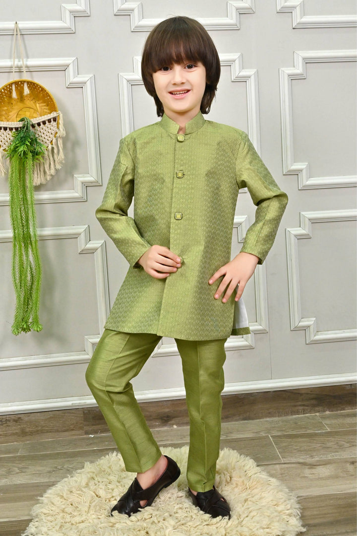 Ahhaaaa Ethnic Zari Work Indo-Western Printed Kurta, Waistcoat and Pajama 3-Piece Set for Boys