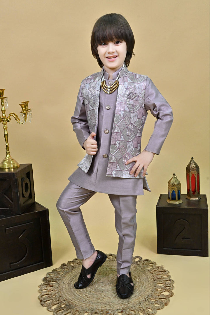 Ahhaaaa Kids Ethnic Silk Blend Waistcoat Kurta Pyjama 3 Piece Sherwani Set For Boys