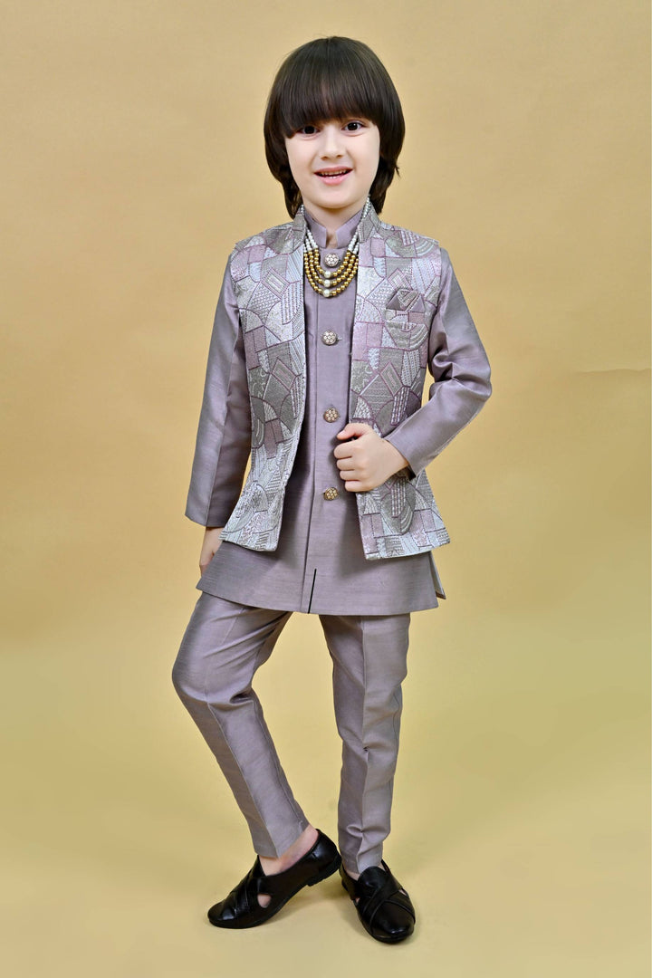 Ahhaaaa Kids Ethnic Silk Blend Waistcoat Kurta Pyjama 3 Piece Sherwani Set For Boys