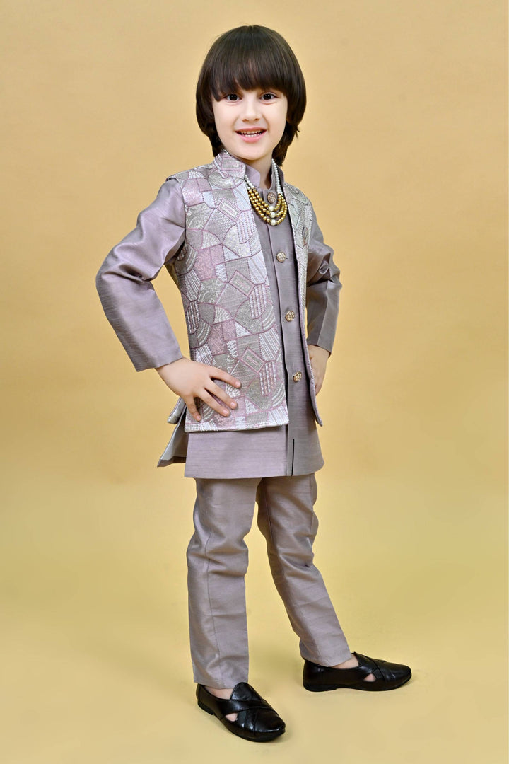 Ahhaaaa Kids Ethnic Silk Blend Waistcoat Kurta Pyjama 3 Piece Sherwani Set For Boys