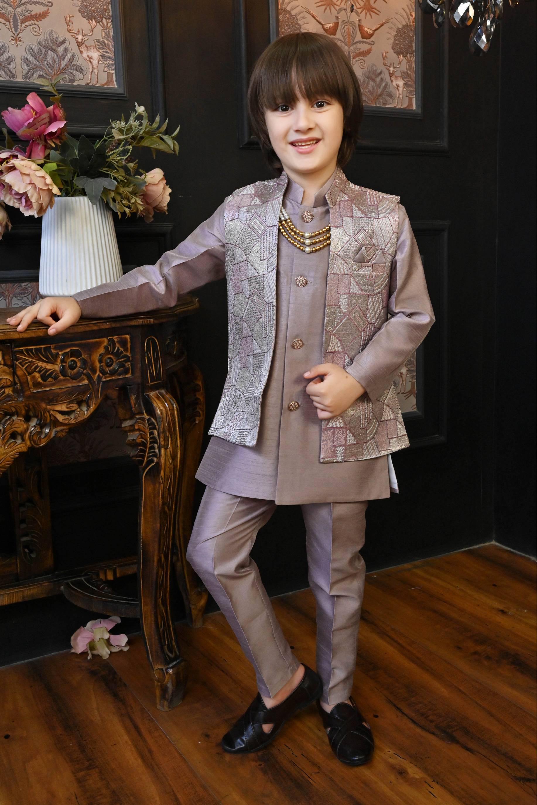 Ahhaaaa Kids Ethnic Silk Blend Waistcoat Kurta Pyjama 3 Piece Sherwani Set For Boys ahhaaaa