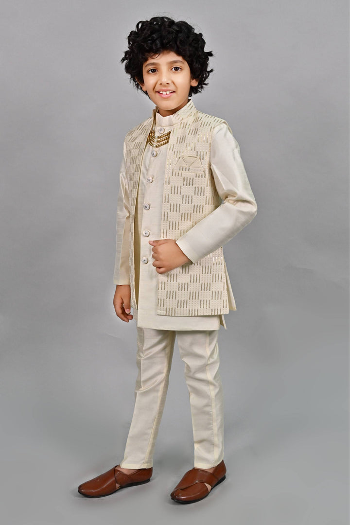 Ahhaaaa Ethnic Sequin Work Indo-Western 3-Piece Set with Maala for Boys