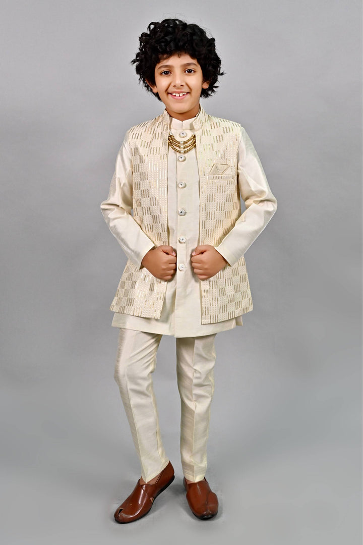 Ahhaaaa Ethnic Sequin Work Indo-Western 3-Piece Set with Maala for Boys