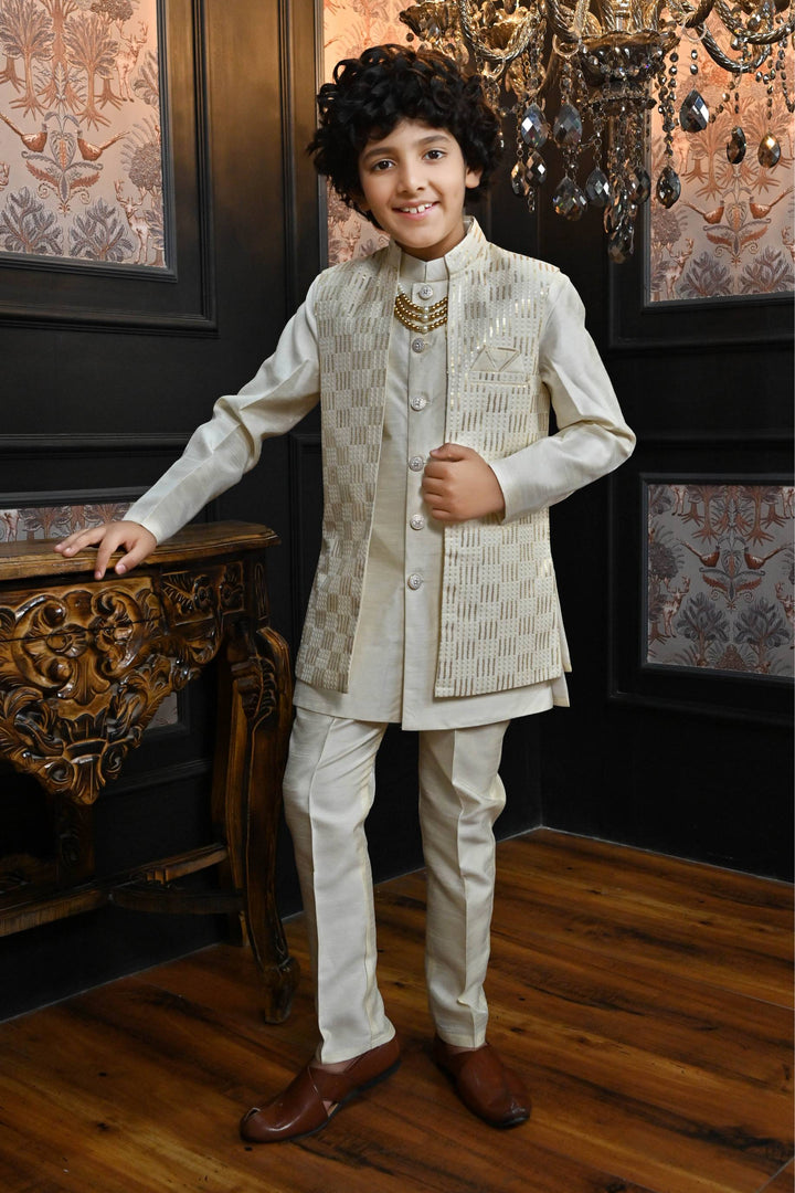 Ahhaaaa Ethnic Sequin Work Indo-Western 3-Piece Set with Maala for Boys Beige