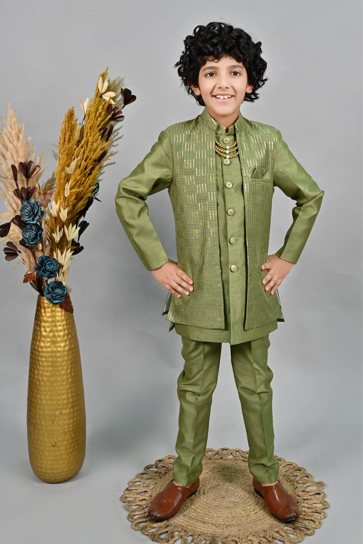 Ahhaaaa Ethnic Sequin Work Indo-Western 3-Piece Set with Maala for Boys