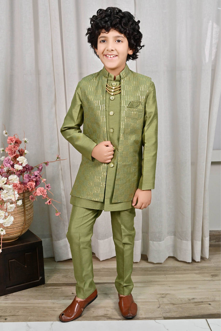 Ahhaaaa Ethnic Sequin Work Indo-Western 3-Piece Set with Maala for Boys Green