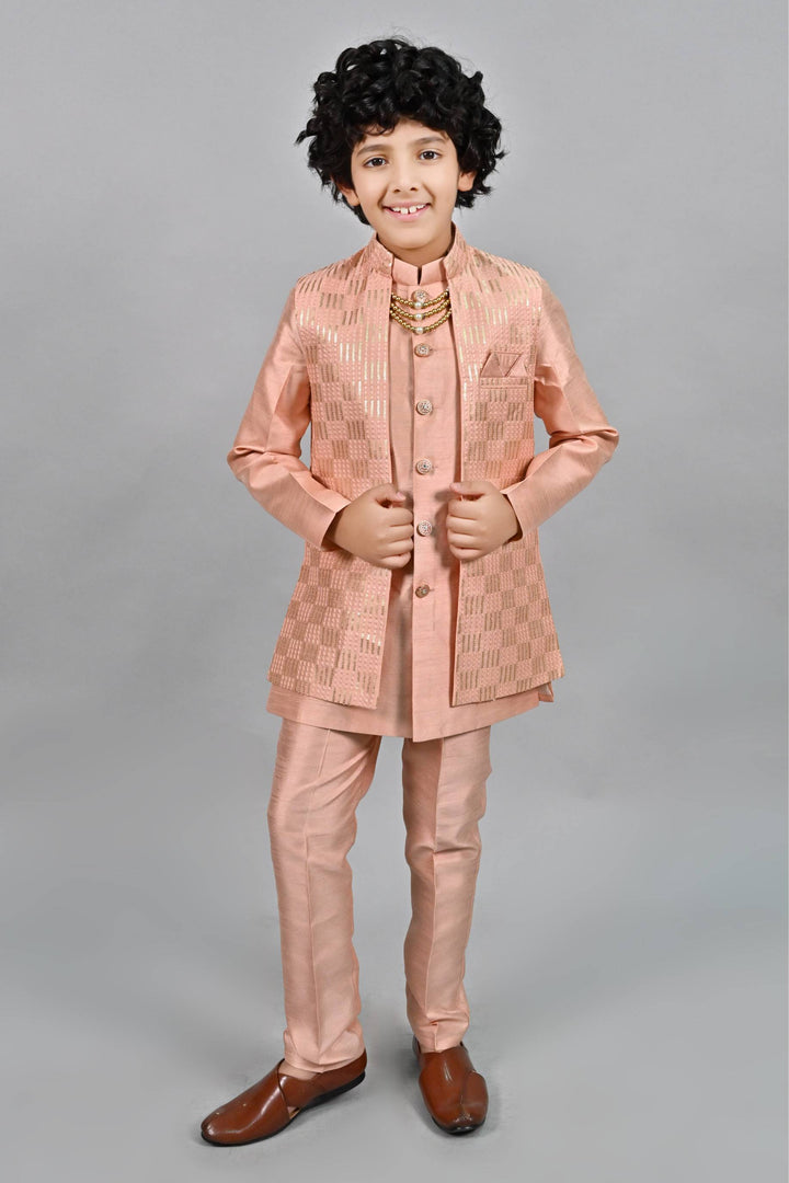 Ahhaaaa Ethnic Sequin Work Indo-Western 3-Piece Set with Maala for Boys