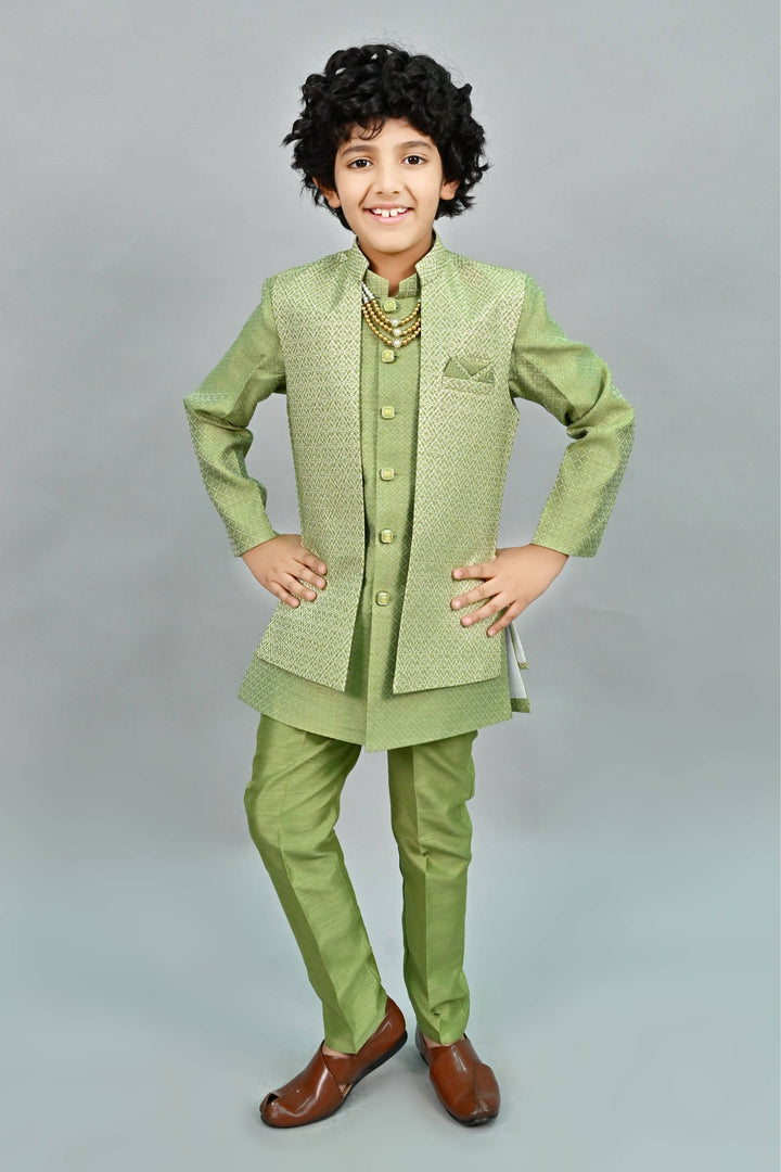 Ahhaaaa Kids Thread Zari Work Indo-Western Kurta, Pajama and Waistcoat for Boys Green