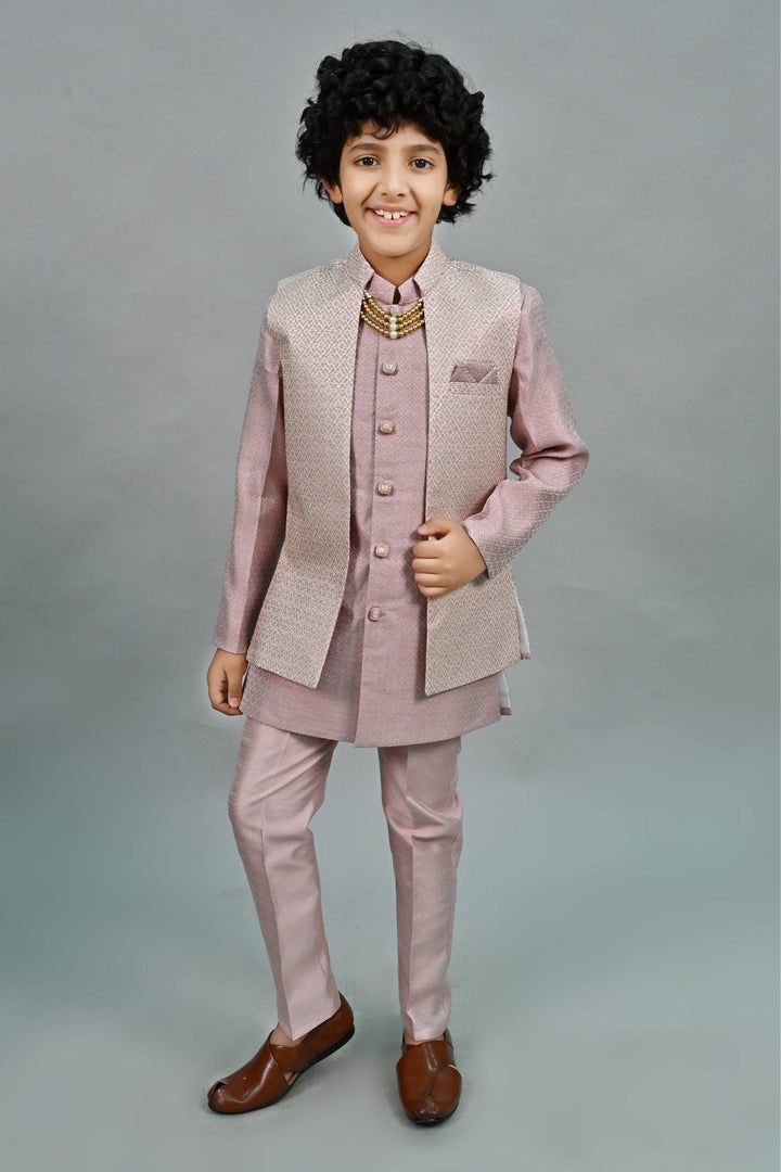 Ahhaaaa Kids Thread Zari Work Indo-Western Kurta, Pajama and Waistcoat for Boys Pink