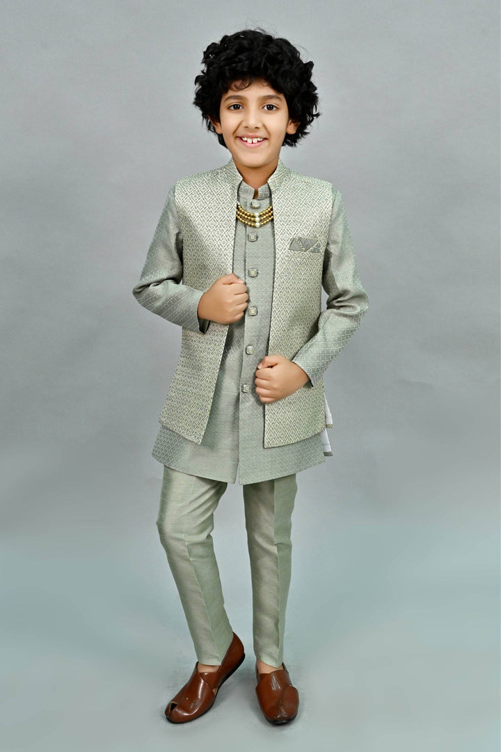 Ahhaaaa Kids Thread Zari Work Indo-Western Kurta, Pajama and Waistcoat for Boys Gray