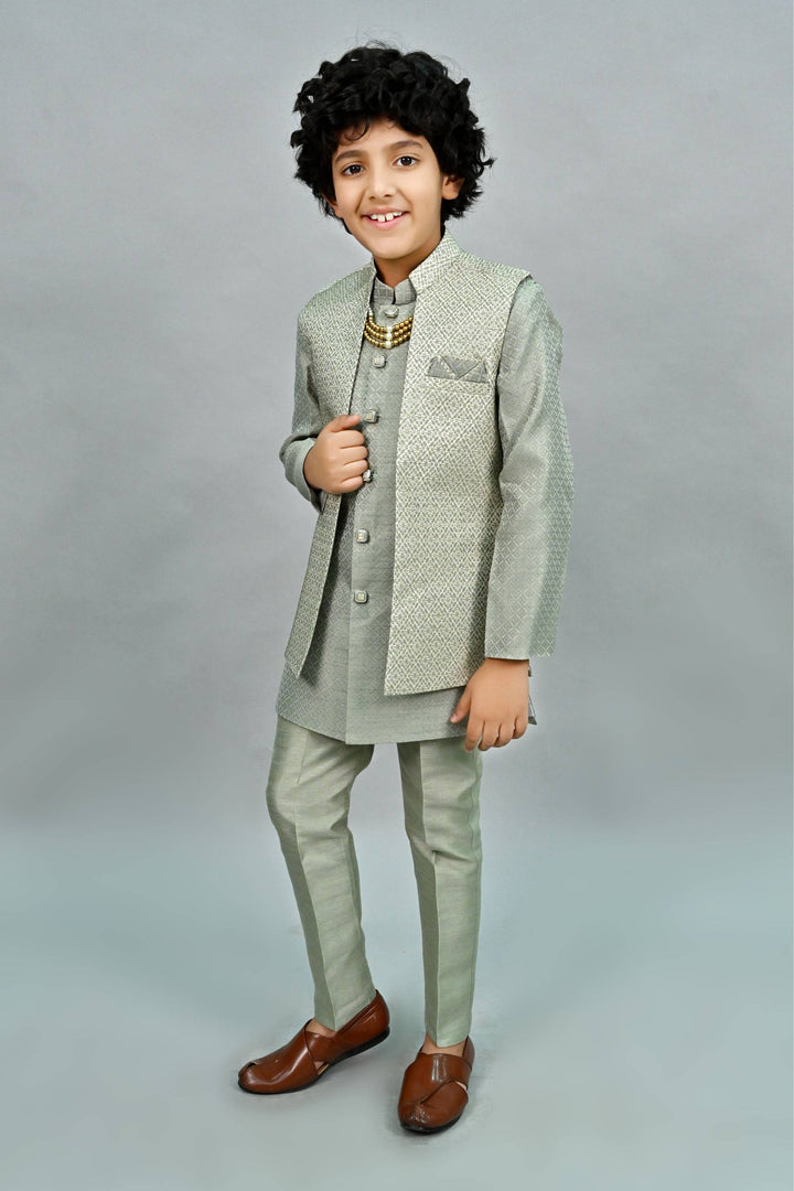 Ahhaaaa Kids Thread Zari Work Indo-Western Kurta, Pajama and Waistcoat for Boys