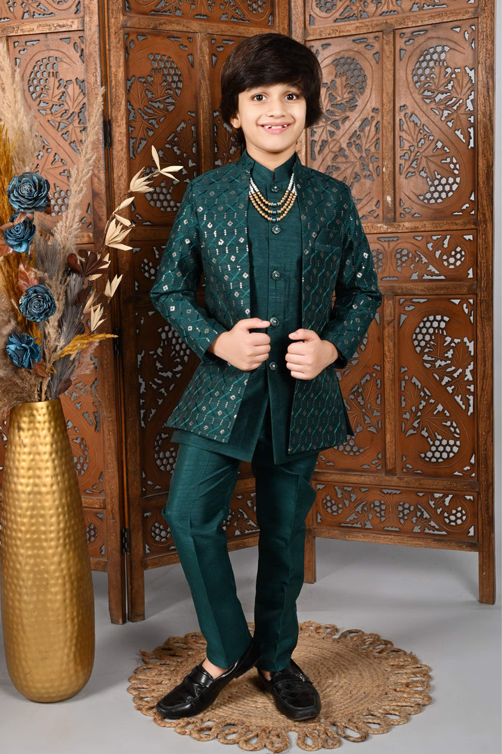 Ahhaaaa Kids Sequin Print Indo-Western Kurta, Pajama and Waistcoat for Boys Green