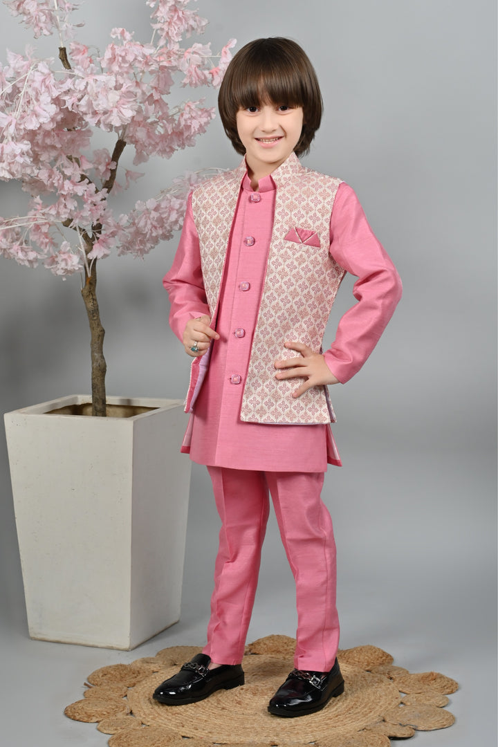 Ahhaaaa Kids Sequin Embedded Indo-Western Kurta, Pajama and Waistcoat Set for Boys