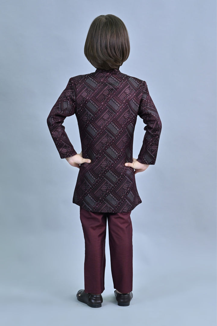 Ahhaaaa Kids Ethnic Jacquard Silk Floral Print Indo-Western Sherwani Set for Boys