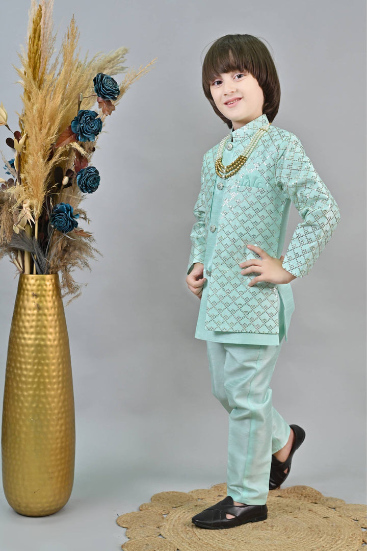 Ahhaaaa Kids Ethnic Jacquard Silk Sequin Printed Indo-Western Sherwani Set with Maala for Boys