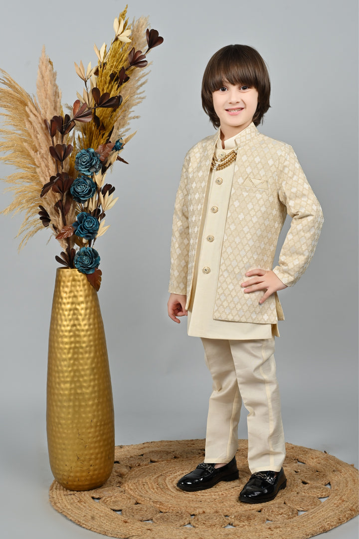 Ahhaaaa Kids Zari Work Indo-Western Kurta, Pajama and Waistcoat Ethnic Set For Boys