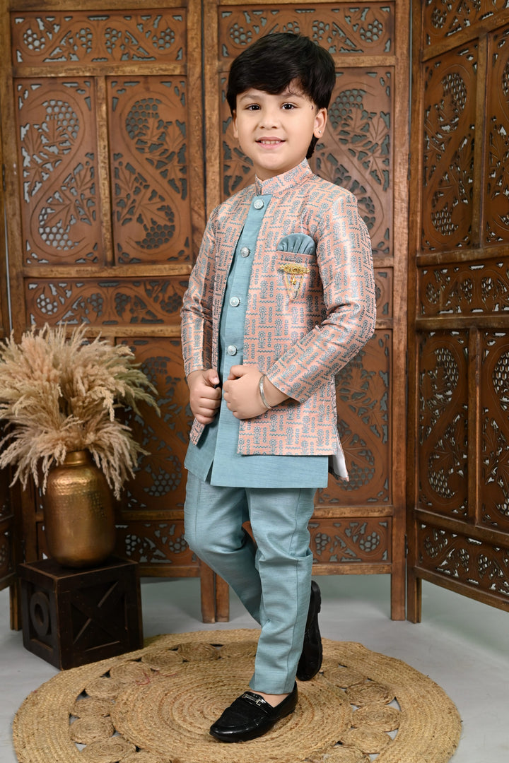 AHHAAAA Kids' Embroidered Jacquard Silk Sherwani – Boys' Wedding Sherwani Set with Festive Ethnic Prints |575|