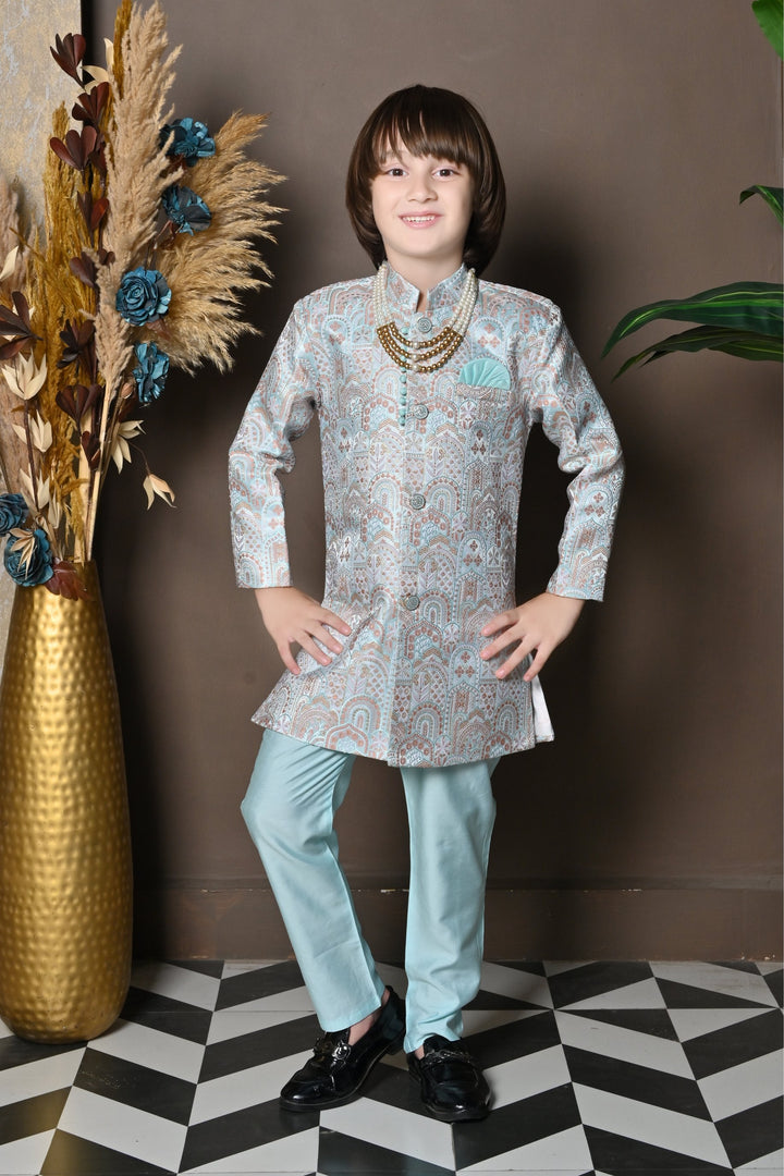 Ahhaaaa Kids Ethnic Silk Floral Design Print Indo-Western Sherwani Set for Boys