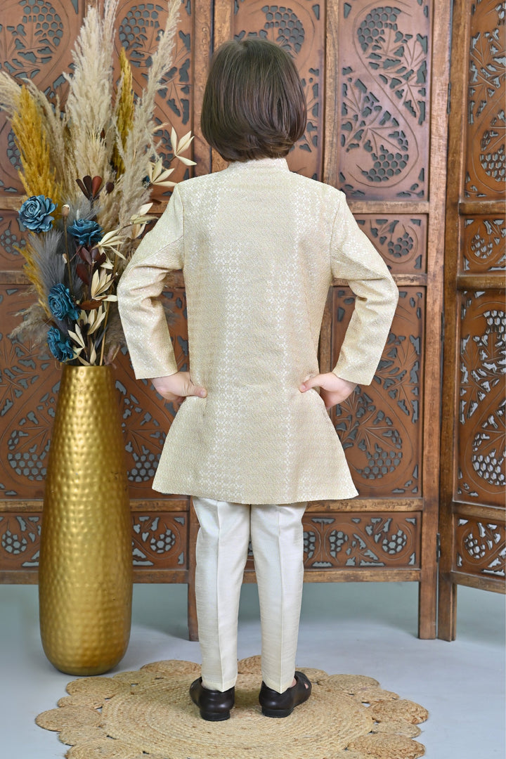 Ahhaaaa Kids Ethnic Silk Embroidered Hand-Work Indo-Western Sherwani Set for Boys