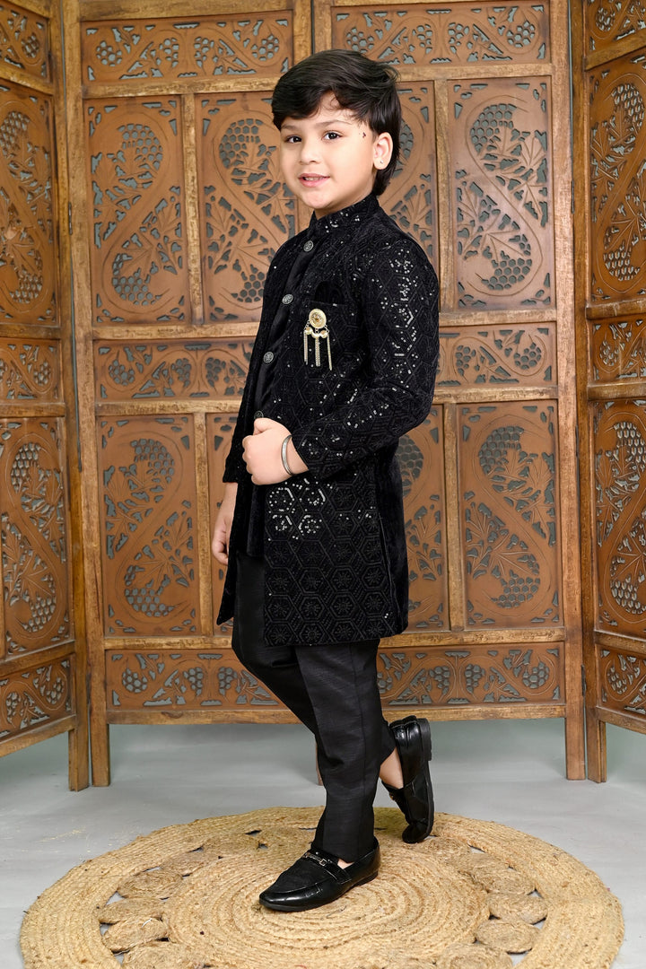 AHHAAAA Boys Velvet Embroidered 2-Piece Sherwani Set with Solid Pajama Pants – Elegant Traditional Outfit for Kids|573|