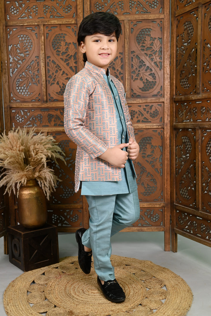 AHHAAAA Kids' Embroidered Jacquard Silk Sherwani – Boys' Wedding Sherwani Set with Festive Ethnic Prints |575|