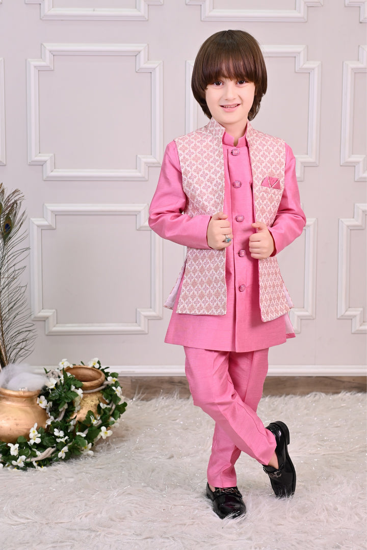 Ahhaaaa Kids Sequin Embedded Indo-Western Kurta, Pajama and Waistcoat Set for Boys