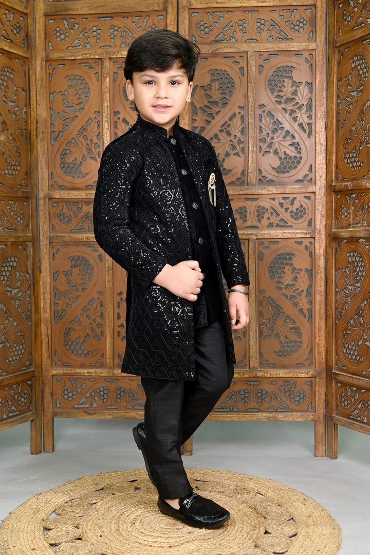 AHHAAAA Boys Velvet Embroidered 2-Piece Sherwani Set with Solid Pajama Pants – Elegant Traditional Outfit for Kids|573|