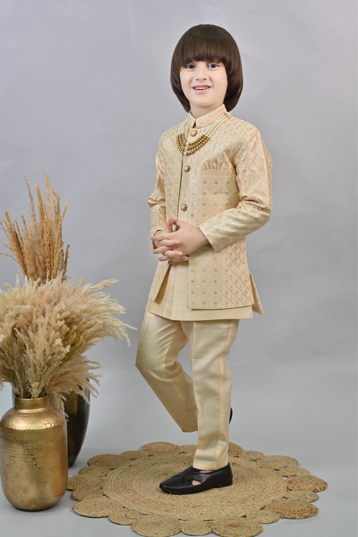 Ahhaaaa Kids Ethnic Jacquard Sequin Embellished Indo-Western Sherwani Set with Maala for Boys