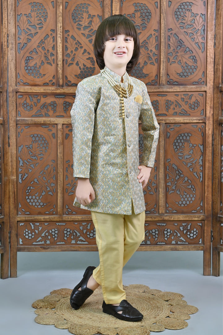 Ahhaaaa Kids Ethnic Jacquard Floral Printed Indo-Western Sherwani Set for Boys