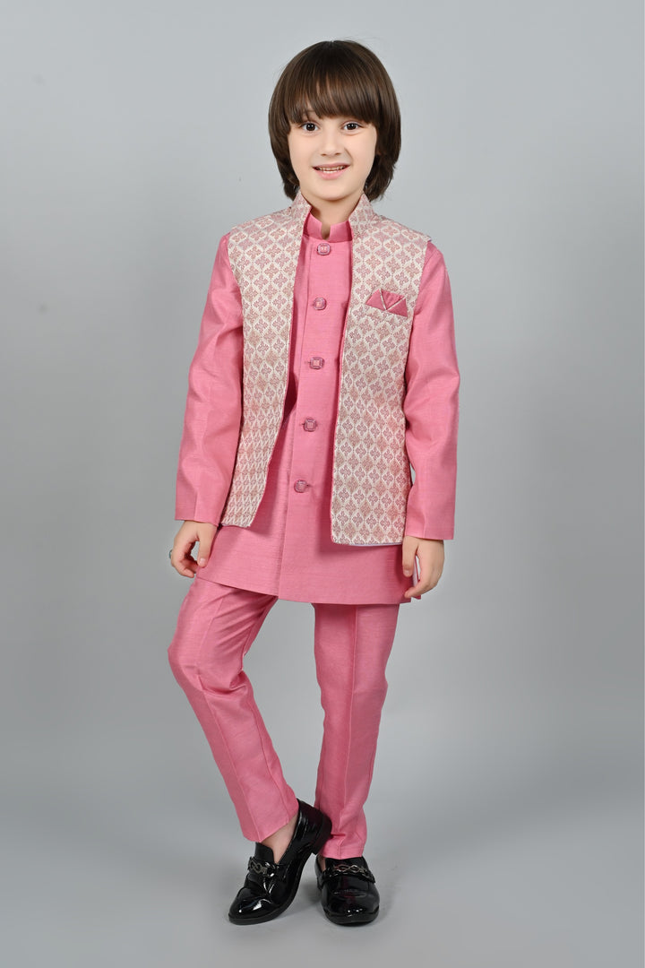 Ahhaaaa Kids Sequin Embedded Indo-Western Kurta, Pajama and Waistcoat Set for Boys