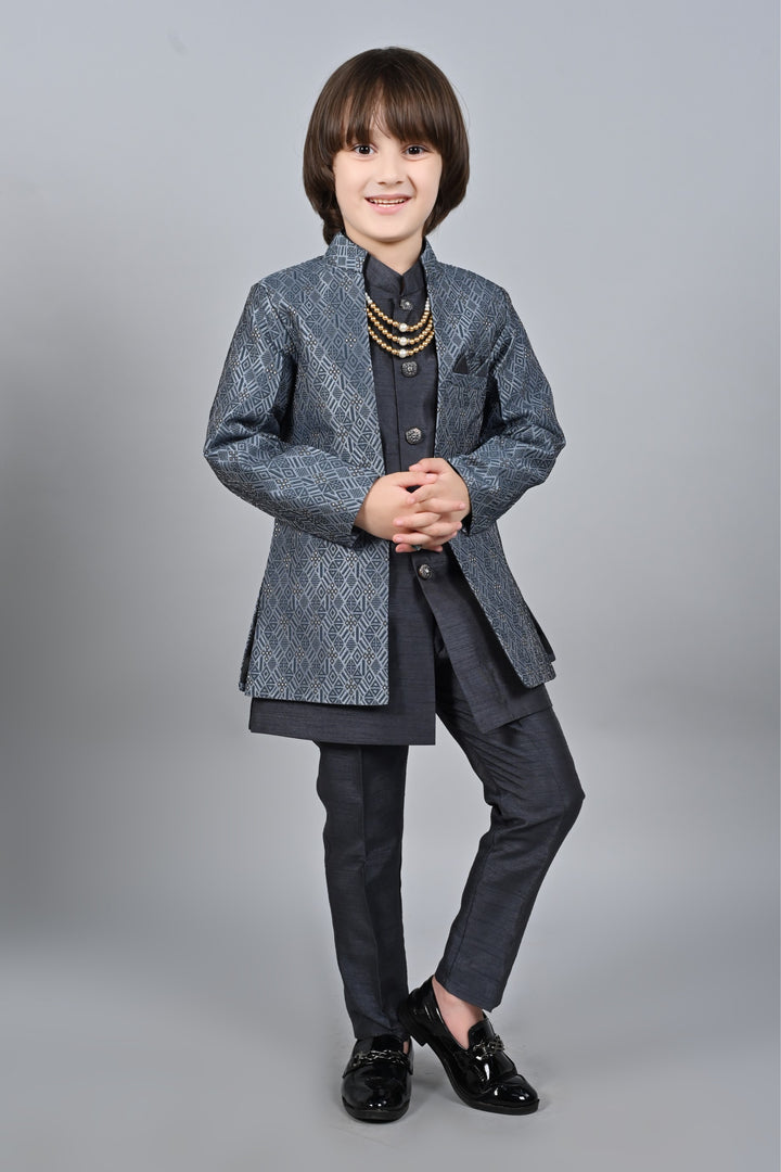 Ahhaaaa Kids Sequin Embedded Indo-Western Kurta, Pajama and Waistcoat Set for Boys Gray