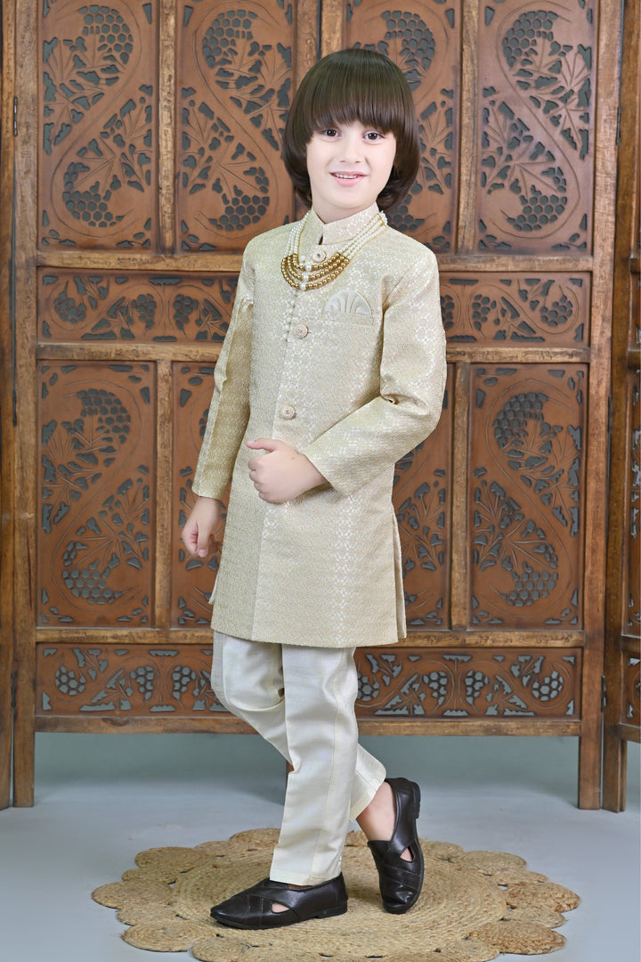 Ahhaaaa Kids Ethnic Silk Embroidered Hand-Work Indo-Western Sherwani Set for Boys