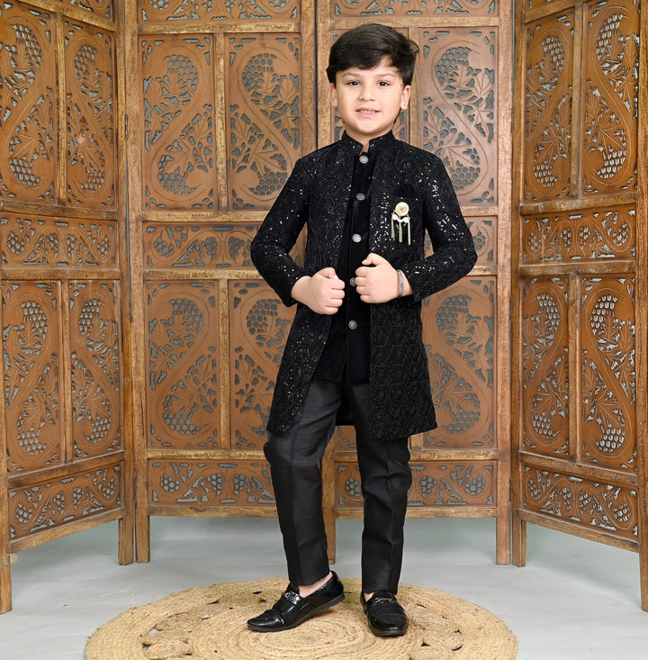 AHHAAAA Boys Velvet Embroidered 2-Piece Sherwani Set with Solid Pajama Pants – Elegant Traditional Outfit for Kids|573| Black