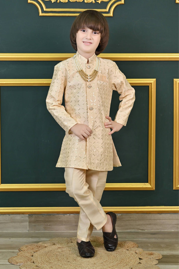 Ahhaaaa Kids Ethnic Jacquard Sequin Embellished Indo-Western Sherwani Set with Maala for Boys Gold