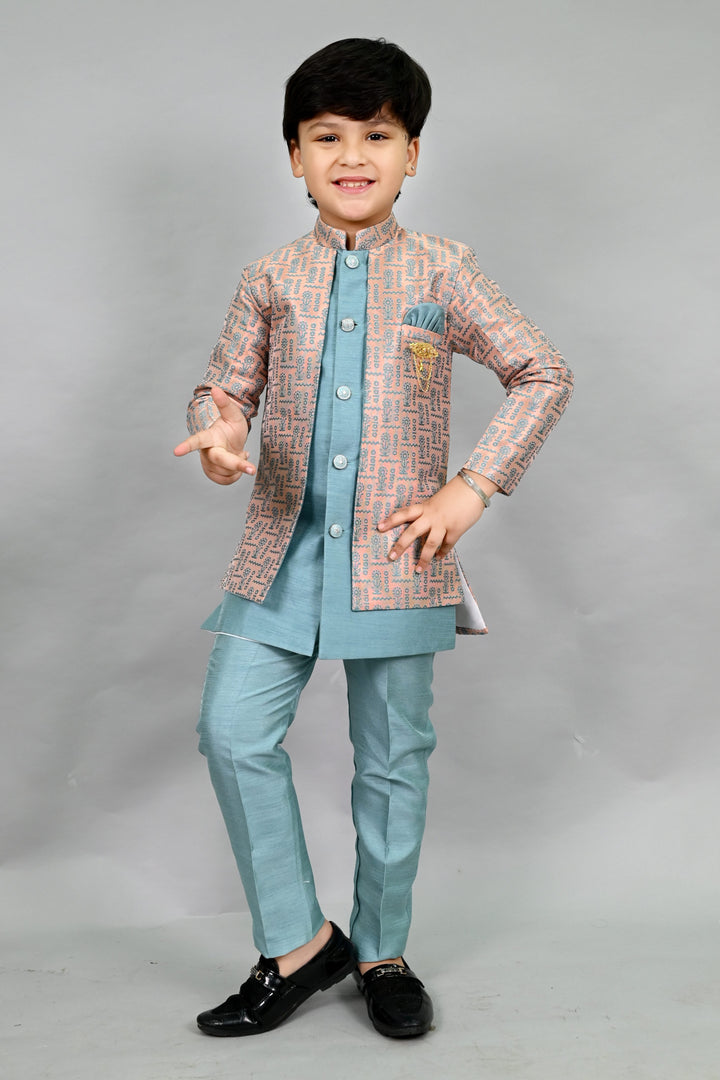 AHHAAAA Kids' Embroidered Jacquard Silk Sherwani – Boys' Wedding Sherwani Set with Festive Ethnic Prints |575|