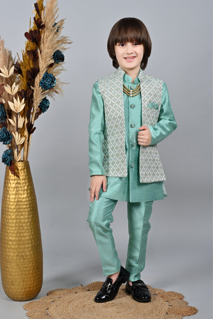 Ahhaaaa Kids Sequin Embedded Indo-Western Kurta, Pajama and Waistcoat Set for Boys Blue