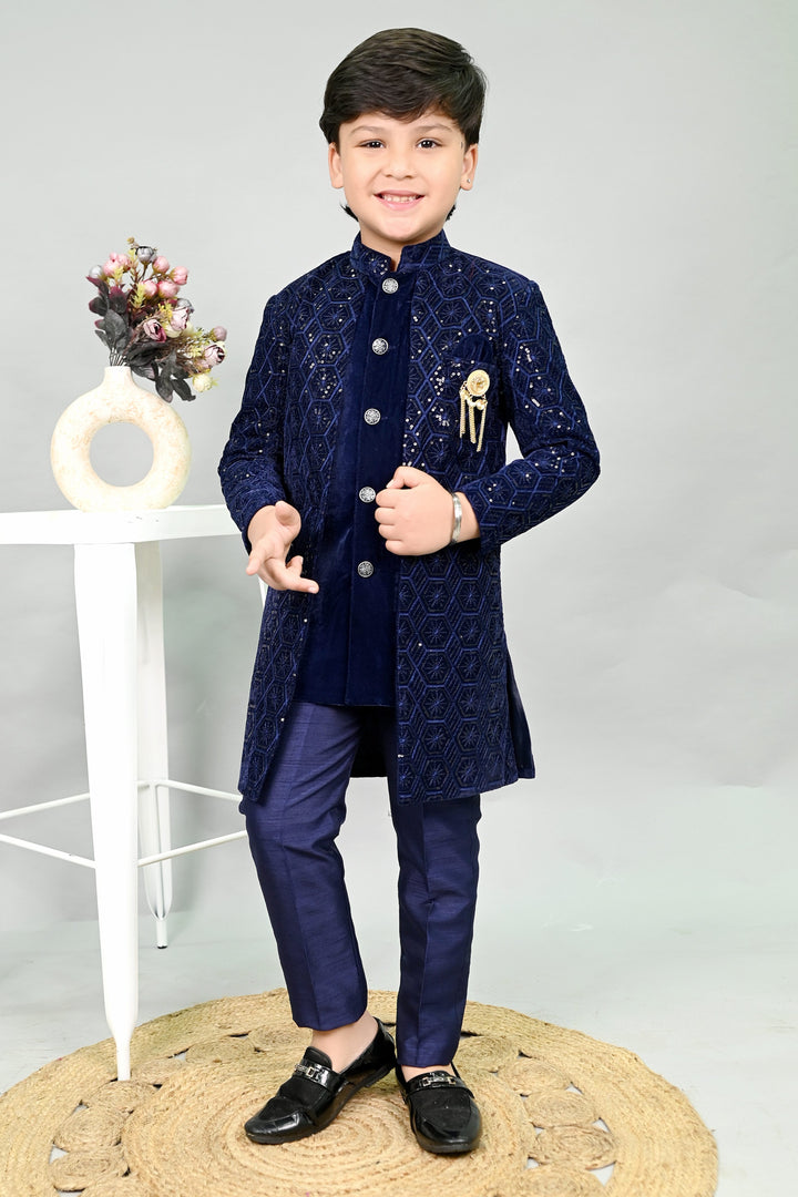 AHHAAAA Boys Velvet Embroidered 2-Piece Sherwani Set with Solid Pajama Pants – Elegant Traditional Outfit for Kids|573| Navy