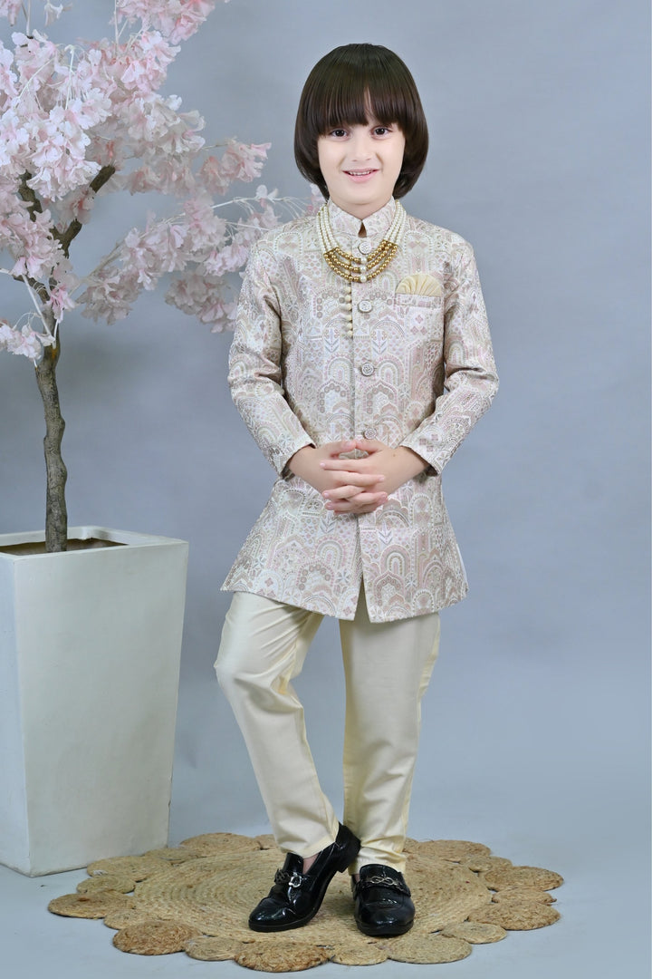 Ahhaaaa Kids Ethnic Silk Floral Design Print Indo-Western Sherwani Set for Boys Pink