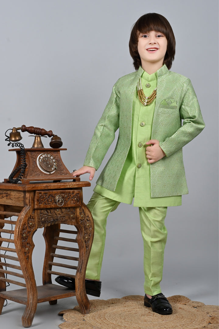 Ahhaaaa Kids Sequin Embedded Indo-Western Kurta, Pajama and Waistcoat Set for Boys