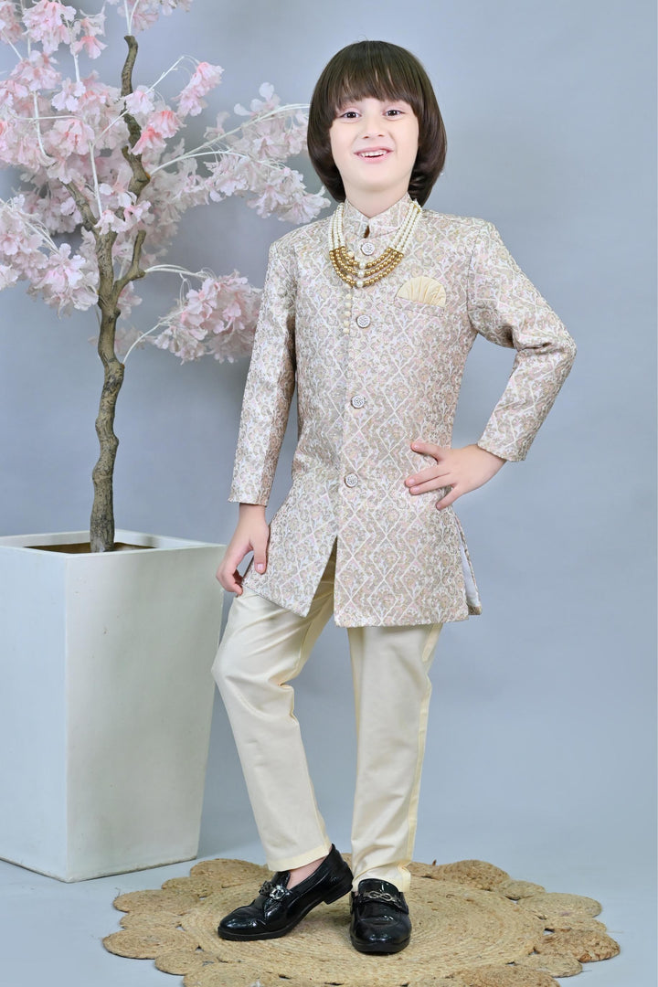 Ahhaaaa Kids Ethnic Jacquard Floral Printed Indo-Western Sherwani Set for Boys