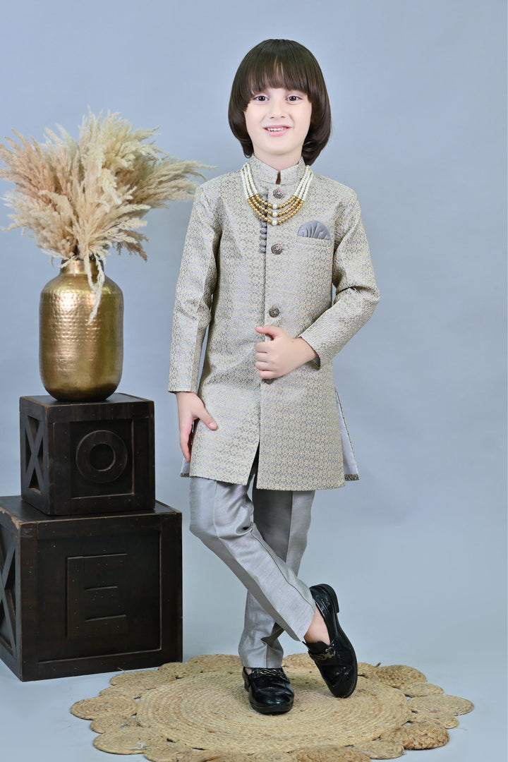 Ahhaaaa Kids Ethnic Silk Embroidered Hand-Work Indo-Western Sherwani Set for Boys Gray