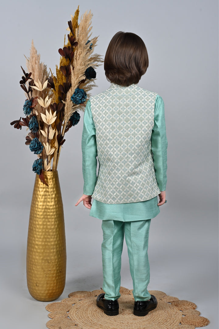 Ahhaaaa Kids Sequin Embedded Indo-Western Kurta, Pajama and Waistcoat Set for Boys