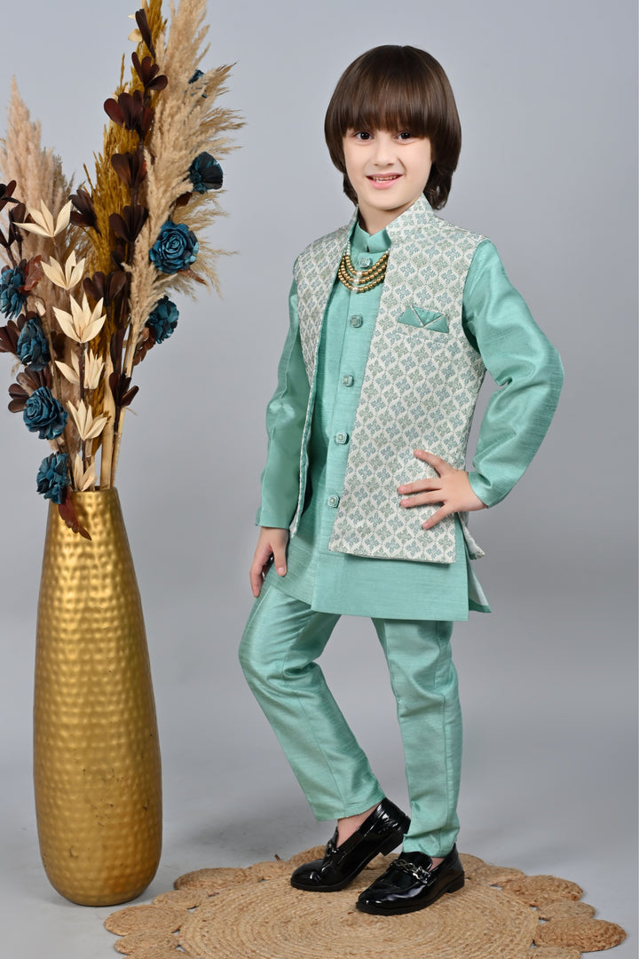 Ahhaaaa Kids Sequin Embedded Indo-Western Kurta, Pajama and Waistcoat Set for Boys