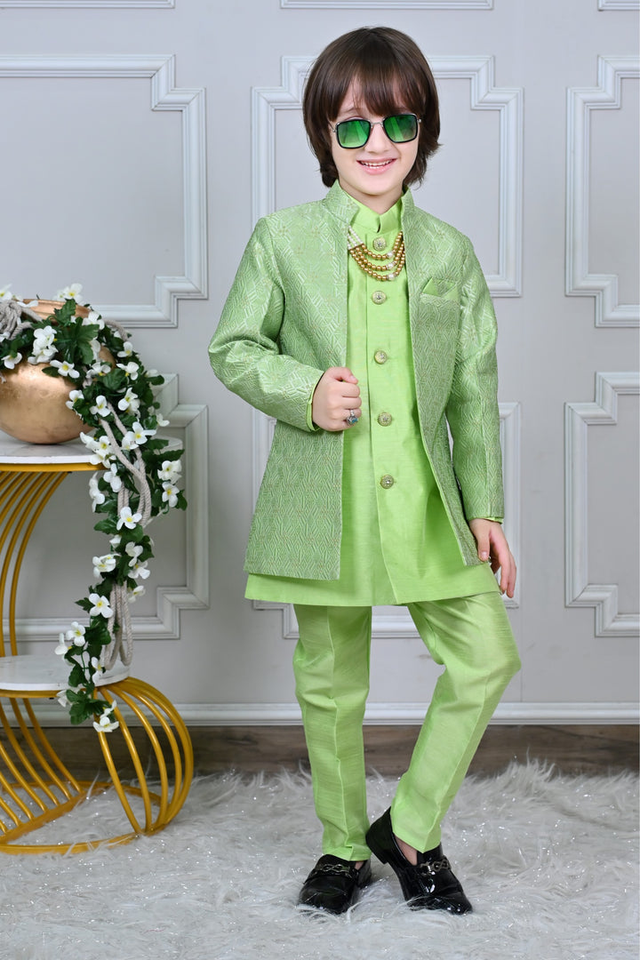 Ahhaaaa Kids Sequin Embedded Indo-Western Kurta, Pajama and Waistcoat Set for Boys