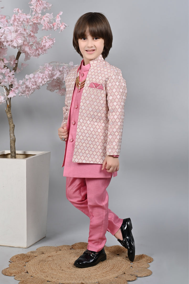 Ahhaaaa Kids Zari Work Indo-Western Kurta, Pajama and Waistcoat Ethnic Set For Boys