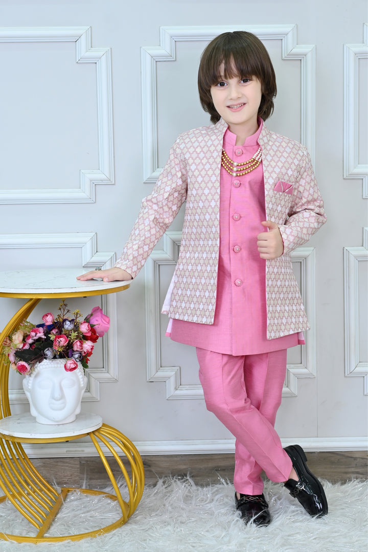 Ahhaaaa Kids Zari Work Indo-Western Kurta, Pajama and Waistcoat Ethnic Set For Boys Pink