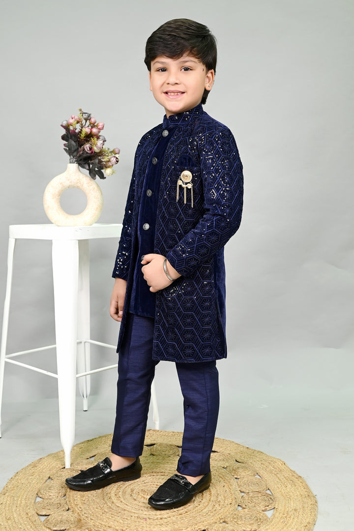 AHHAAAA Boys Velvet Embroidered 2-Piece Sherwani Set with Solid Pajama Pants – Elegant Traditional Outfit for Kids|573|